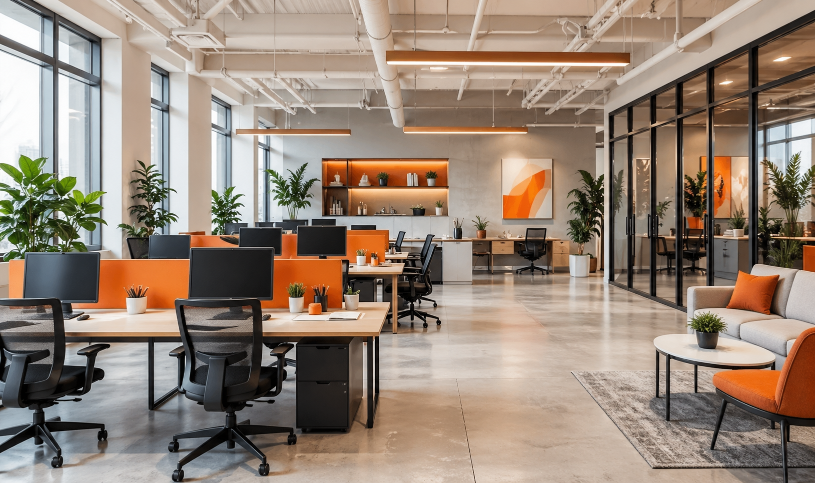 Open office workspace design with collaborative seating and modern interior layout